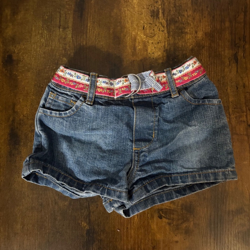 Old Navy Denim Jean Shorts Pink White Floral Attached Belt (Girls 18-24 Months)‎